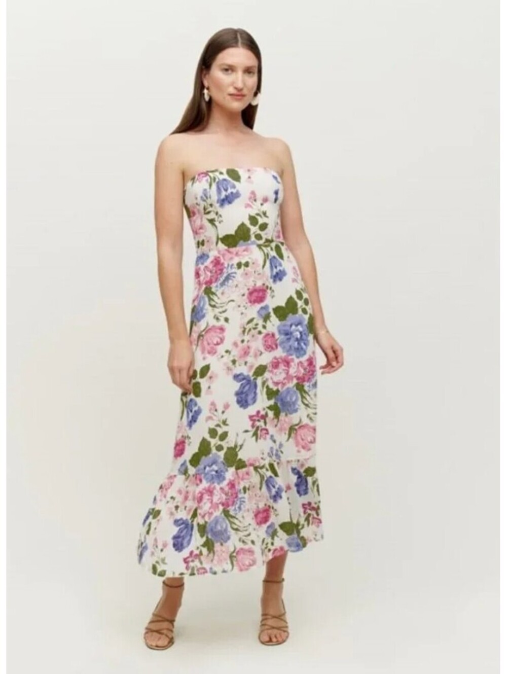 Reformation Arta Dress 12 Donna Floral Strapless Midi Smocked Back Viscose